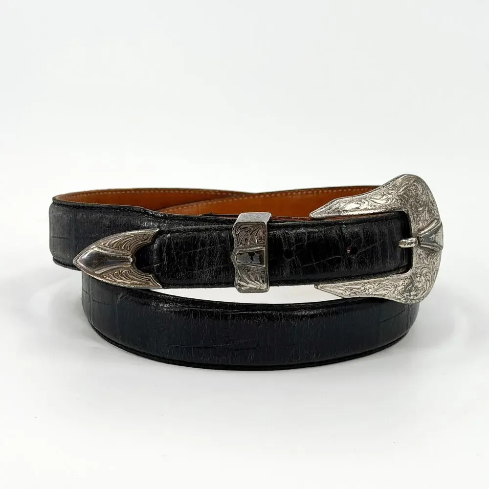 Vintage 90s Bill Adler Studio Black Genuine Leather Ornate Buckle Belt